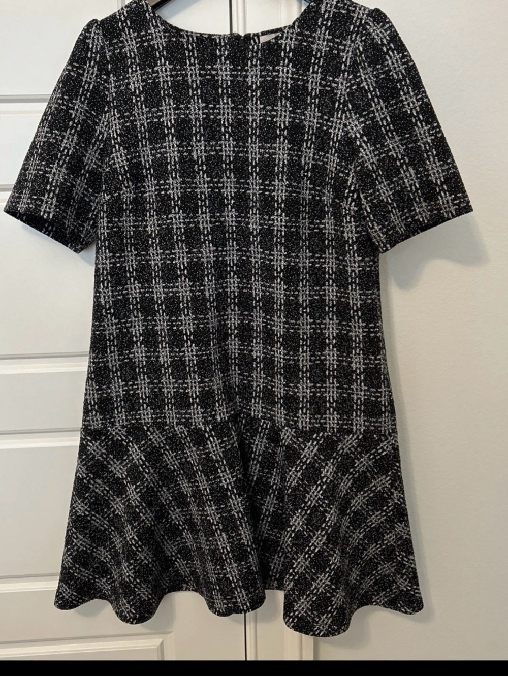 LOFT Black and White Plaid Short-Sleeve Fit-and-Flare Dress